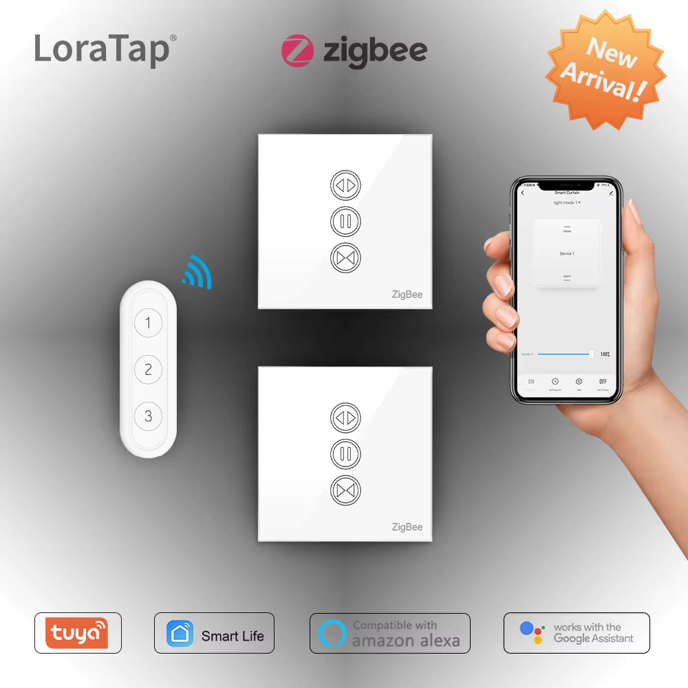 Tuya Zigbee 3.0 Smart Curtain Switch - Wireless Roller Blinds Controller with Remote, App & Voice Control for Alexa, Google Home & Smart Life Automation