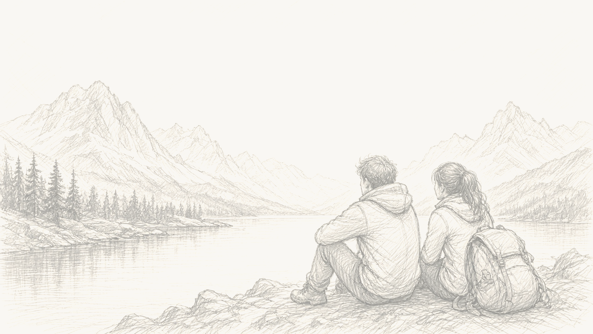Spark Cart homepage hero — lake pencil sketch lighter (Option 4 combo)